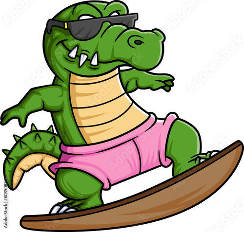 Funny crocodile surfing cartoon on white background