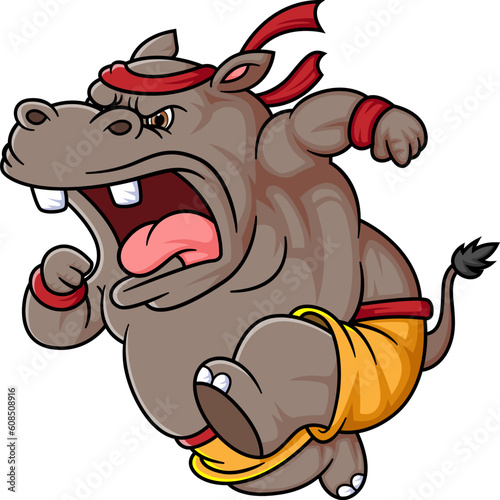 Cartoon hippo doing practicing running