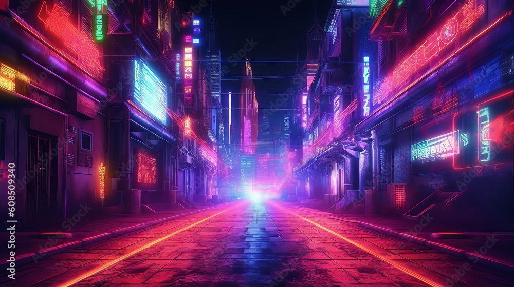 A futuristic city skyline with colorful neon lights at night. Generative ai