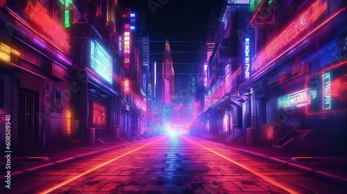 A futuristic city skyline with colorful neon lights at night. Generative ai