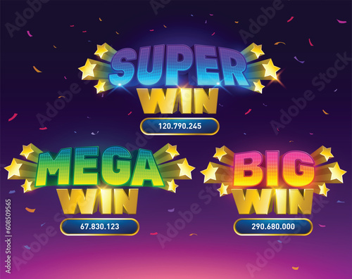 Big win. Mega win with retro sign pop up. Casino Achievement Text Banner. Slots games. playing cards. game assets. user interface. result screen. Vector illustration