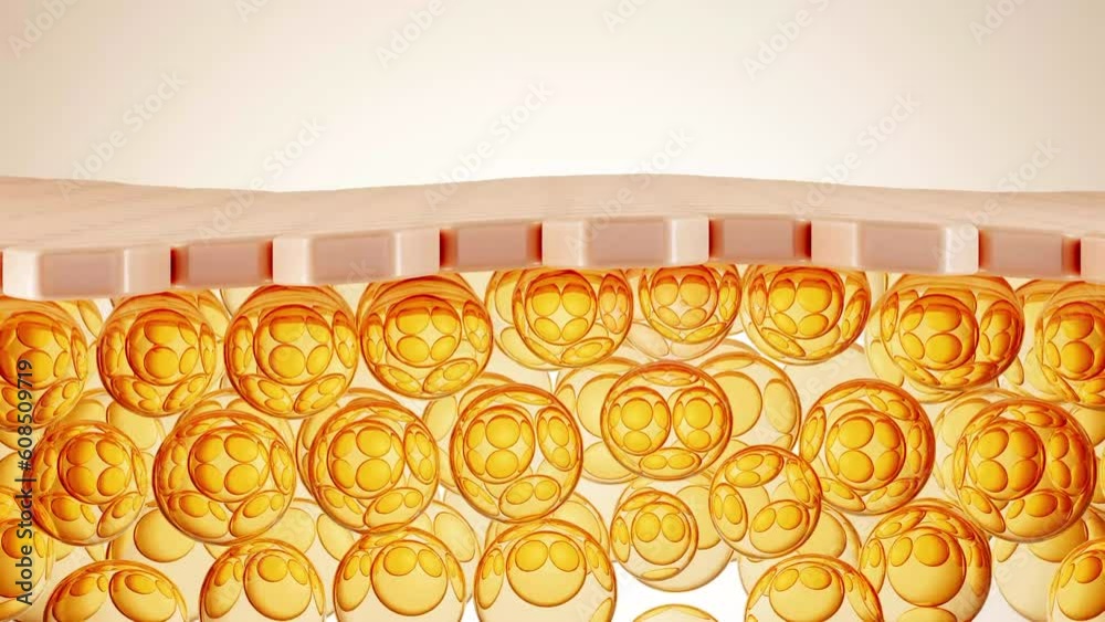 3d animation and rendering essence bubble vitamin drop into the skin layer to refresh anti aging beauty skin. Healing from collagen treatment and cosmetic rejuvenation therapy