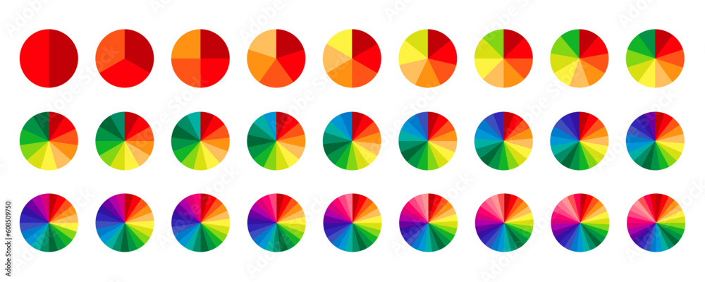 Multicolored circle sections collection. Pie charts diagrams in spectrum colors. Infographic round elements set. Pack of 2 to 28 slices and sectors. Process phases and stages of cycle. Vector Multicolored circle sections collection. Pie charts diagrams in spectrum colors. Infographic round elements set. Pack of 2 to 28 slices and sectors. Process phases and stages of cycle. Vector