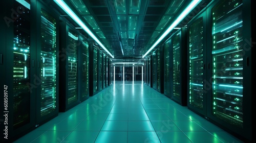 A Data Center Hallway with Rows of Servers. Generative ai