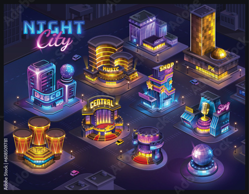 Futuristic night city. Isometric neon cityscape in the dark background. Map for game screen. Vector buildings landscape for UI interface