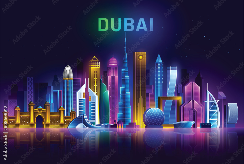 Dubai Skyline, UAE night city illuminated by neon lights, United Arab
