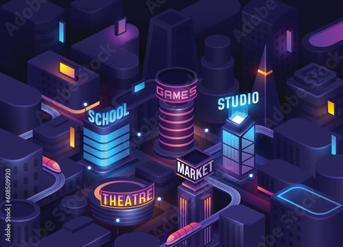 Futuristic neon city. Isometric night cityscape in the dark background. Map for game screen. Vector buildings landscape for UI interface