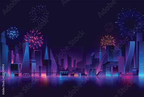 Futuristic night city. Cityscape on a dark background with bright fireworks and glowing neon purple and blue lights.Wide highway front view. and retro wave style illustration