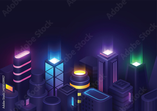 Futuristic neon city. Night cityscape in the dark background. Map for game screen. Vector buildings landscape