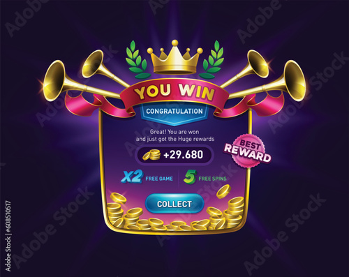 You win screen for game result. victory pop up with golden coins. slots games user interface. casino ui kit. playing cards, slots and roulette