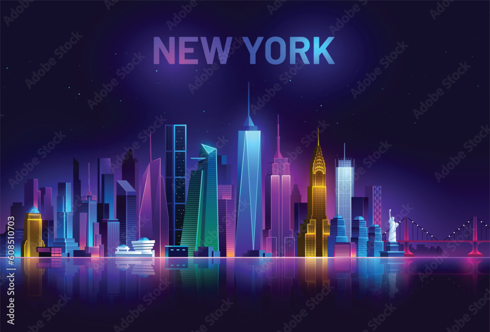 New York Skyline, America night city illuminated by neon lights, USA cityscape on a dark background horizontal banner