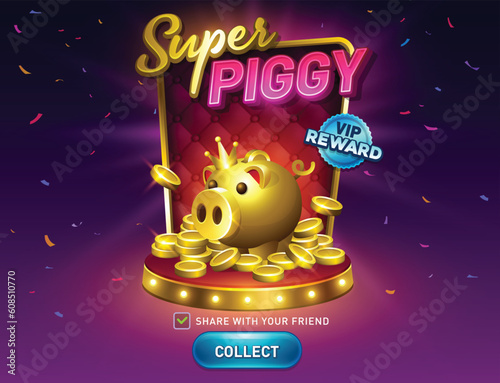 Piggy bank reward for casino game. Pig money box with golden coins. Vegas slot vector illustration. Game interfaces. Podium special offer pop up with coins and button