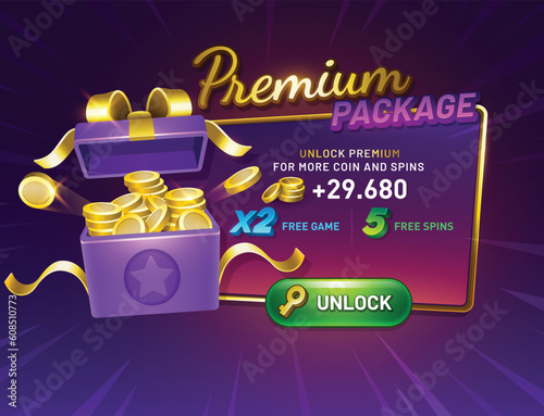 Premium Package game screen with unlock button. Gift Box opened. Interface GUI, mobile or web game