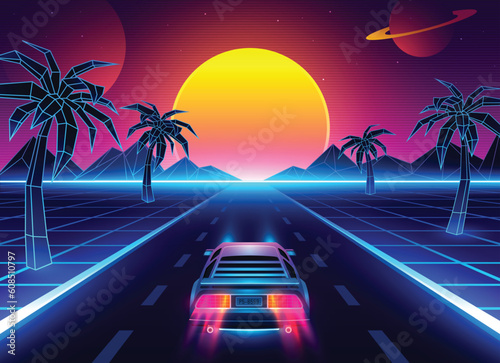 Retro futuristic back side view 80s supercar on trendy synthwave, vaporwave, sunset background. neon concept