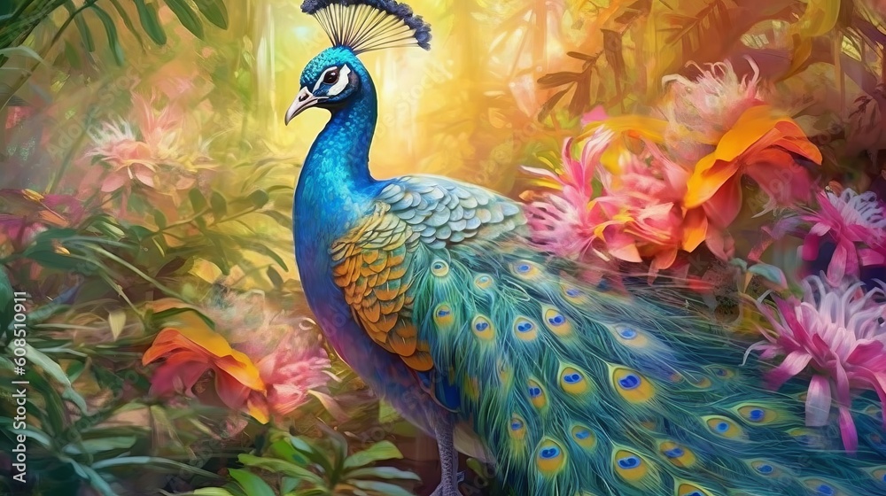 Fototapeta premium A majestic peacock surrounded by colorful flowers in a serene natural setting. Generative ai