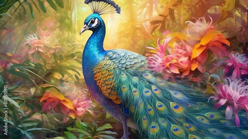 A majestic peacock surrounded by colorful flowers in a serene natural setting. Generative ai