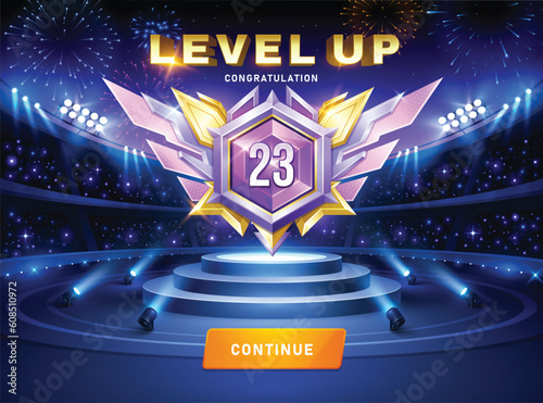 Stage Arena. Realistic stadium with lights and spotlights. Level up game. Medal reward on podium. Vector award shield with wing. Interface GUI
