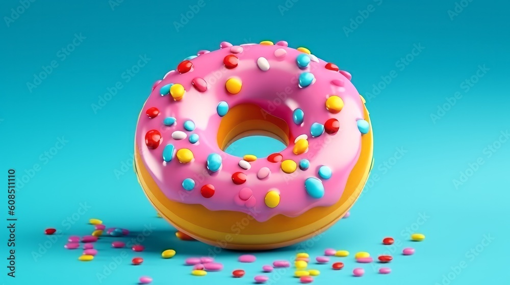 A pink donut with colorful sprinkles on a light blue background. Generative ai A pink donut with colorful sprinkles on a light blue background. Generative ai