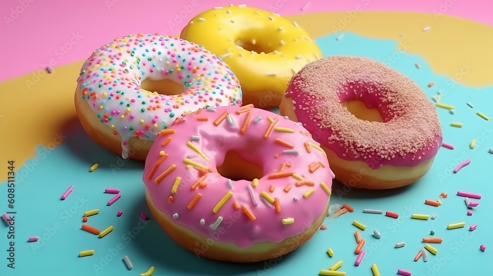 A colorful pile of donuts with rainbow sprinkles on top. Generative ai A colorful pile of donuts with rainbow sprinkles on top. Generative ai