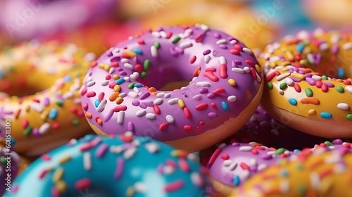 A colorful pile of donuts with rainbow sprinkles on top. Generative ai