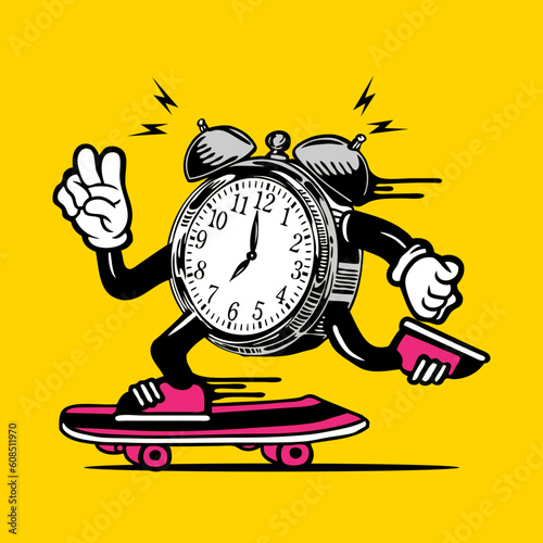 Clock Watch Alarm Skater Mascot Vector Skateboarding Character Design