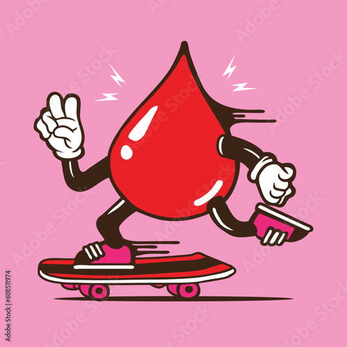 Blood Drop Skater Mascot Vector Skateboarding Character Design
