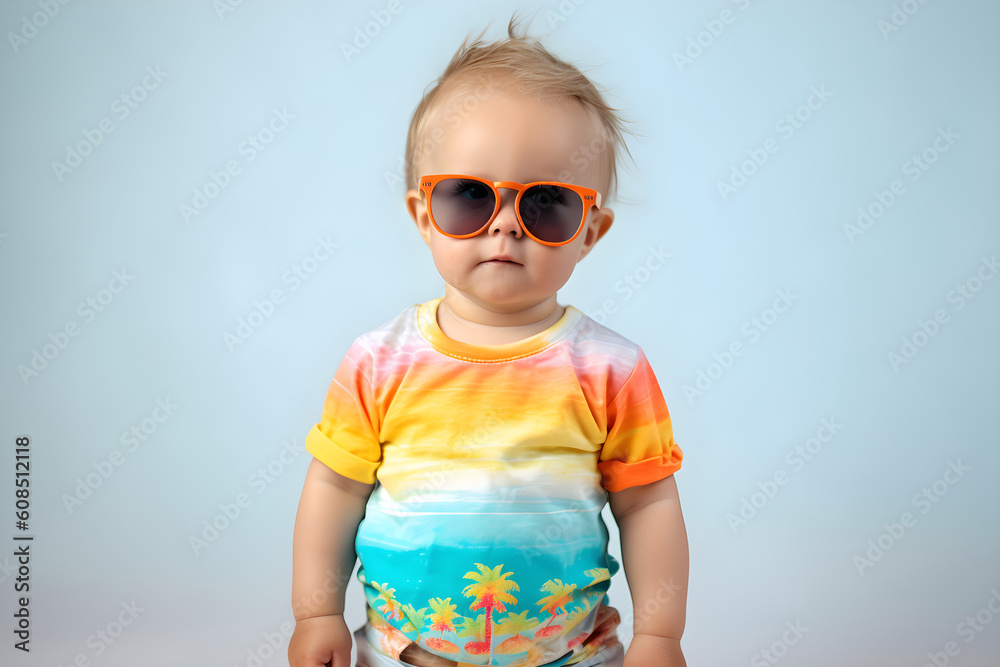 portrait of a baby wearing a sunglasses and colourful tee shirt