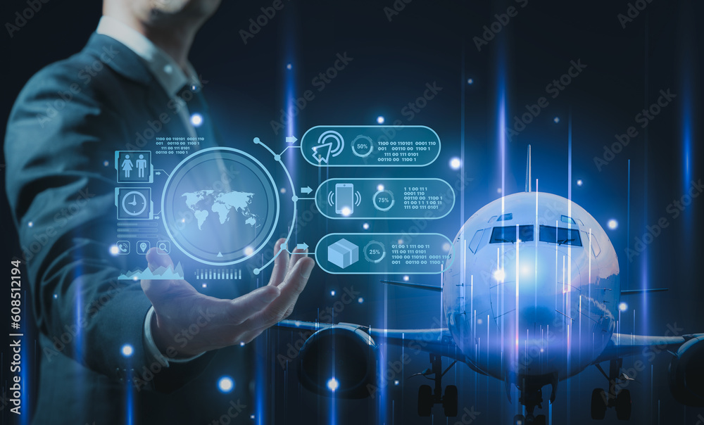 Flight ticket booking concept with person using a smart application reservation holiday air book research plan job space technology startup service professional now marketing equipment concept