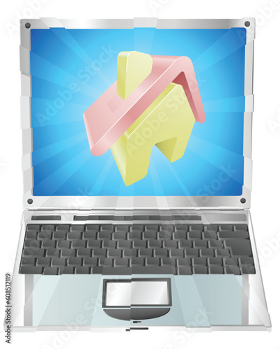 House home icon coming out of laptop screen concept