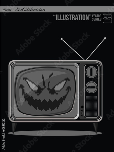 A vector of a television with an evil face with wicked grin, symbolizing the television that said has many negative effect, yet elusive and hard to be defeated.  Available as a Vector in EPS8 format t