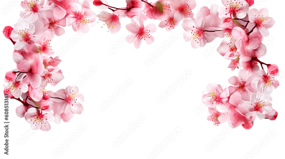 enchanting cherry blossom petals as a frame border, isolated with negative space for layouts