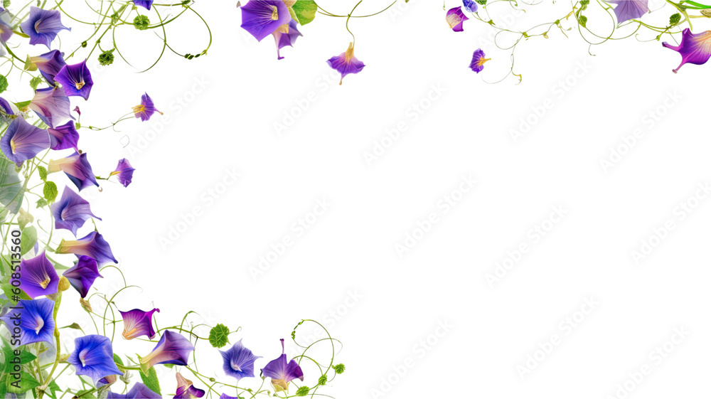 whimsical morning glory vines as a frame border, isolated with negative space for layouts