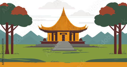 The timeless beauty of a Buddhist monastery illustrated through minimalist art, reflecting its cultural significance.