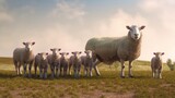 A flock of sheep grazing on a vibrant green pasture. Generative ai