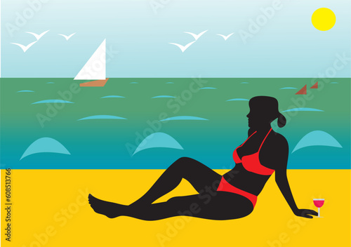 The girl on a beach. Sea tour. The warm sea