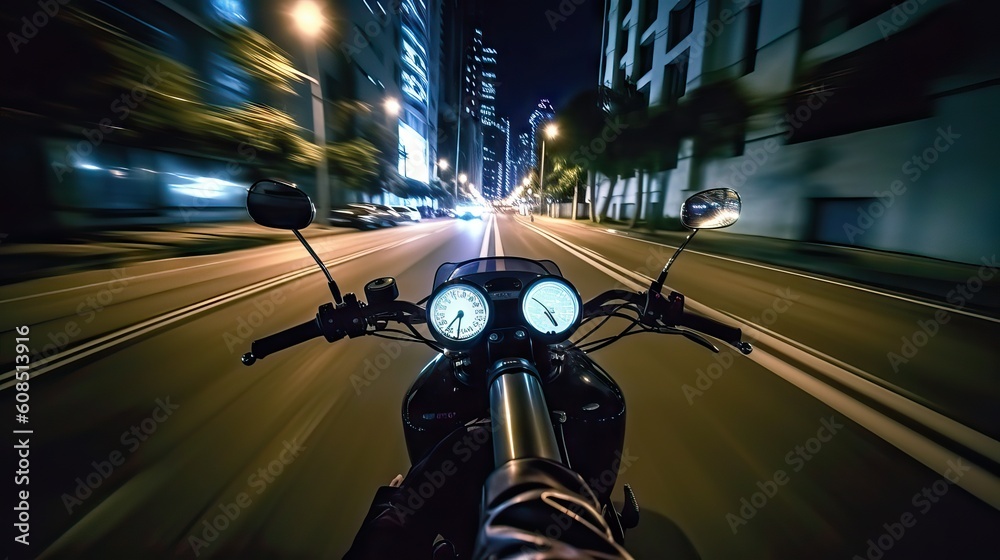 Illustration of a motorcycle speeding, viewed from the first-person perspective of the rider, a symbol of freedom and adventure. Generative AI