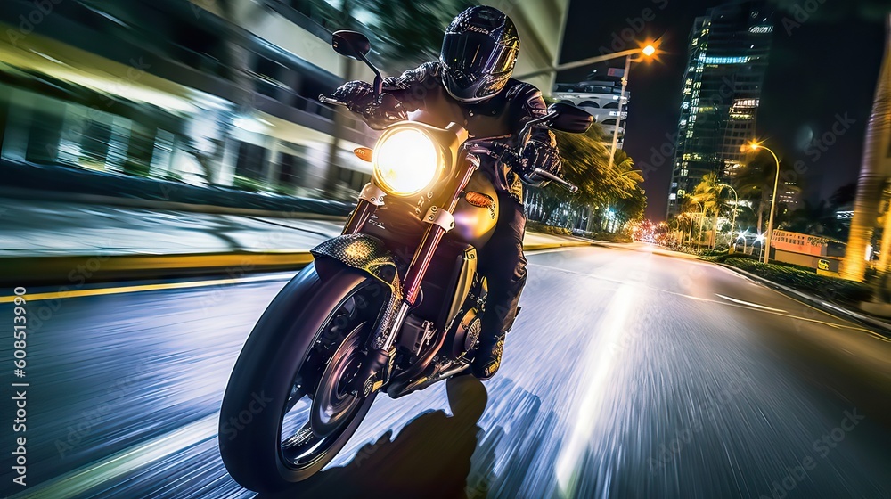 A motorcycle rider racing at full speed through the city streets at night, capturing the thrill and freedom of urban biking. Generative AI