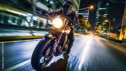 A motorcycle rider racing at full speed through the city streets at night, capturing the thrill and freedom of urban biking. Generative AI