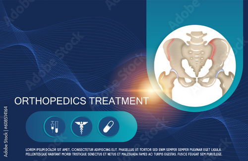 Technology for treatment of hip and pelvis joint bone injury. Abstract traumatology and orthopedics. Medical science in the hospital for body joints.