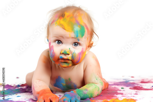 portrait of a baby covered in paint