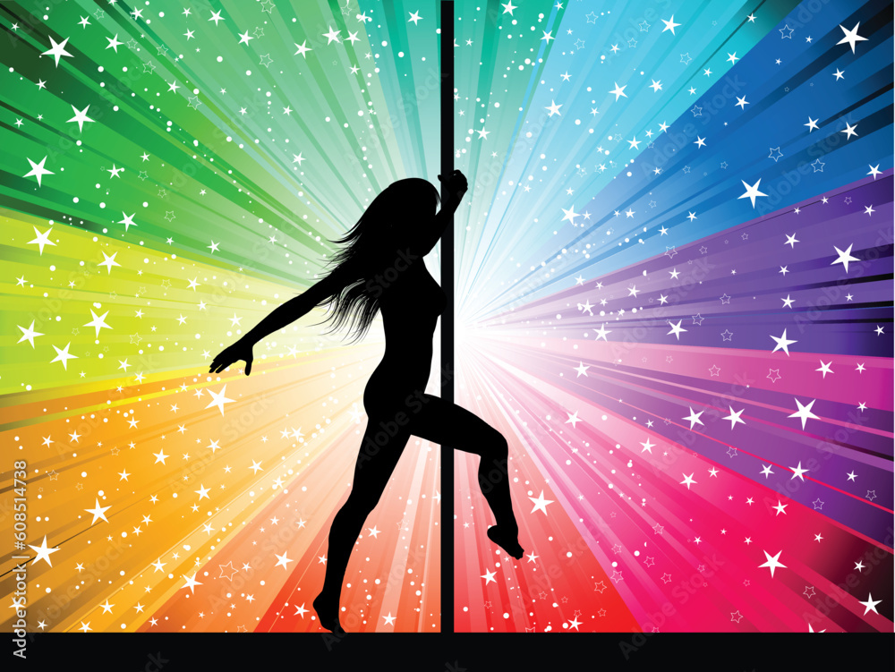 Silhouette of a sexy pole dancer on a starburst background