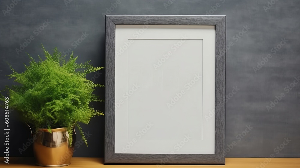 A picture frame and a potted plant on a table. Generative ai A picture frame and a potted plant on a table. Generative ai