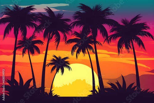 vector multicolored palm silhouettes background realistic. Generative AI © Wendi