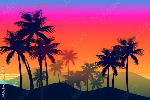 vector multicolored palm silhouettes background realistic. Generative AI © Wendi