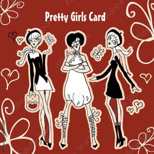 Pretty cartoon girls silhouette card fashion french style retro doodley