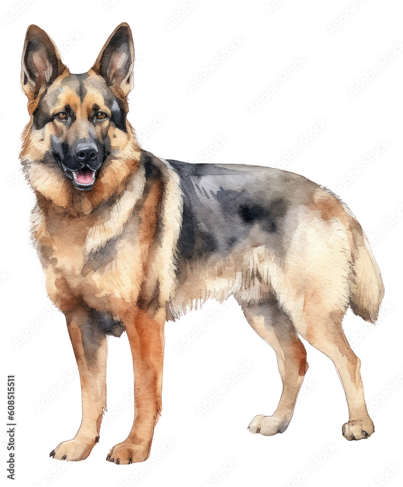 Watercolor illustration of German shepherd dog. Generative AI.
