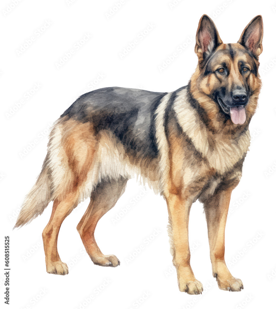 Watercolor illustration of German shepherd dog. Generative AI.