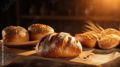 A rustic wooden table adorned with freshly baked bread loaves. Generative ai