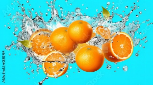 Three ripe oranges with water droplets and leaves. Generative ai
