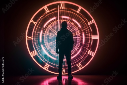 A silhouette of a person standing in front of a clock, symbolizing time travel photo